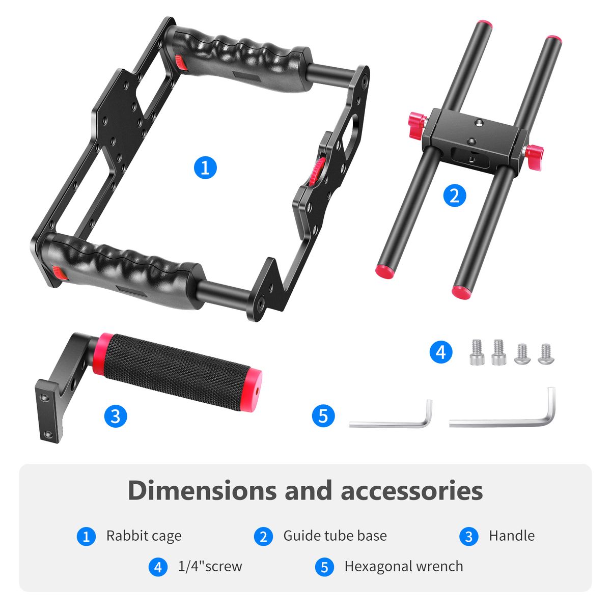 Aluminum Alloy Camera Video Cage Film Movie Making Kit, With Top Handle, Dual Hand Grip, Two 15mm Rods, Compatible With Canon, Sony, Fujifilm, And Nikon DSLR Camera And Camcorder (Black + Red)