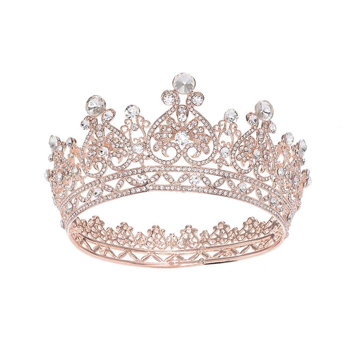 Crystal Rhinestone Full Crown Bridal Tiara Queen Princess Diadem Birthday Party Rose Gold