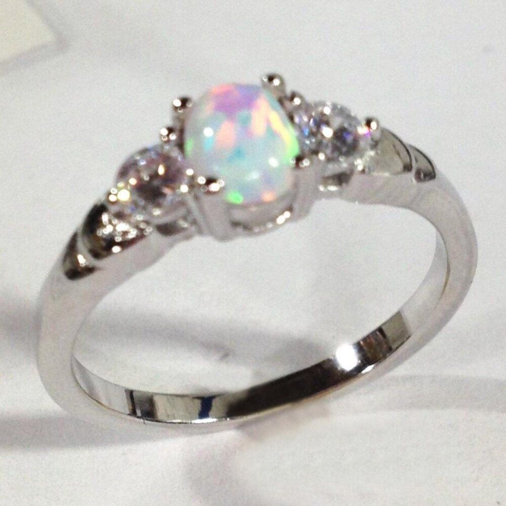 Sterling Silver Plated Australian Opal Ring Wedding Engagement Propose Size 7 Size: 7