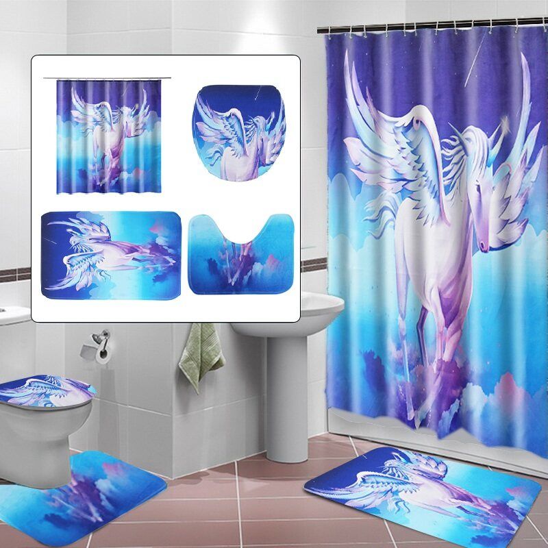 Unicorn Pegasus Print Bathroom Decoration Mildew-proof Waterproof Shower Curtain+ Non Slip Bathroom Pedestal Rug + Toilet Lid Cover + Floor Mat Bath Mat Shower Curtain   Three Floor Mats
