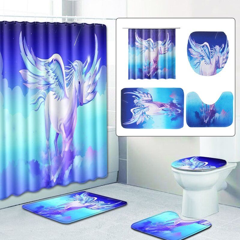 Unicorn Pegasus Print Bathroom Decoration Mildew-proof Waterproof Shower Curtain+ Non Slip Bathroom Pedestal Rug + Toilet Lid Cover + Floor Mat Bath Mat Shower Curtain   Three Floor Mats