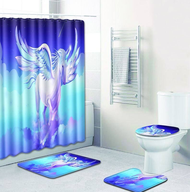 Unicorn Pegasus Print Bathroom Decoration Mildew-proof Waterproof Shower Curtain+ Non Slip Bathroom Pedestal Rug + Toilet Lid Cover + Floor Mat Bath Mat Shower Curtain   Three Floor Mats