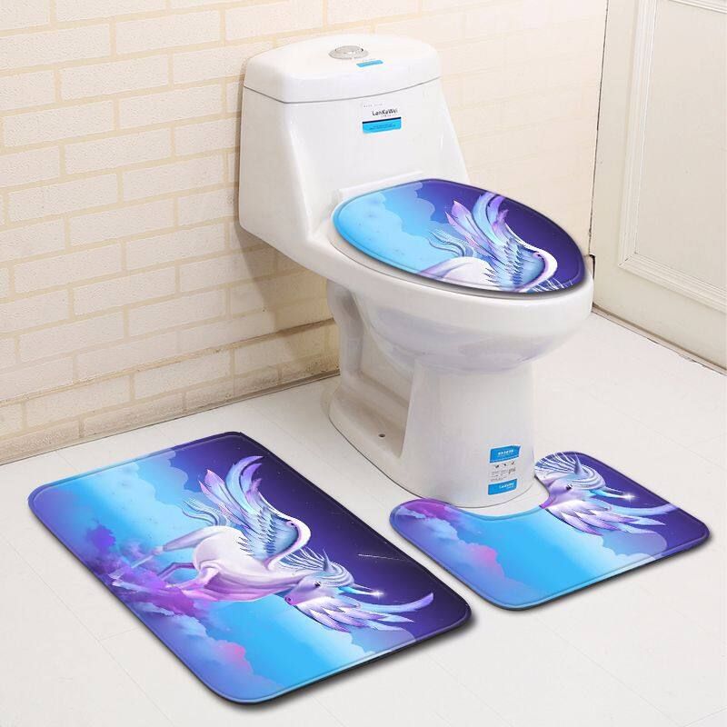 Unicorn Pegasus Print Bathroom Decoration Mildew-proof Waterproof Shower Curtain+ Non Slip Bathroom Pedestal Rug + Toilet Lid Cover + Floor Mat Bath Mat Shower Curtain   Three Floor Mats