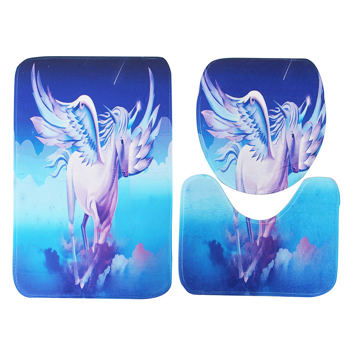 Unicorn Pegasus Print Bathroom Decoration Mildew-proof Waterproof Shower Curtain+ Non Slip Bathroom Pedestal Rug + Toilet Lid Cover + Floor Mat Bath Mat Shower Curtain   Three Floor Mats