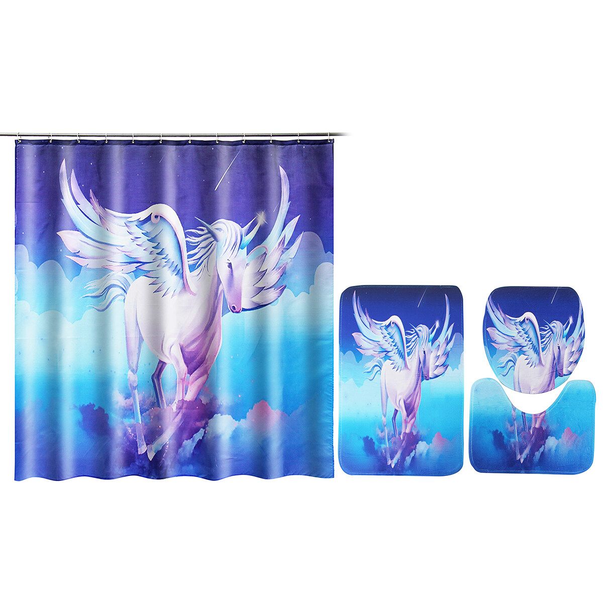 Unicorn Pegasus Print Bathroom Decoration Mildew-proof Waterproof Shower Curtain+ Non Slip Bathroom Pedestal Rug + Toilet Lid Cover + Floor Mat Bath Mat Shower Curtain   Three Floor Mats