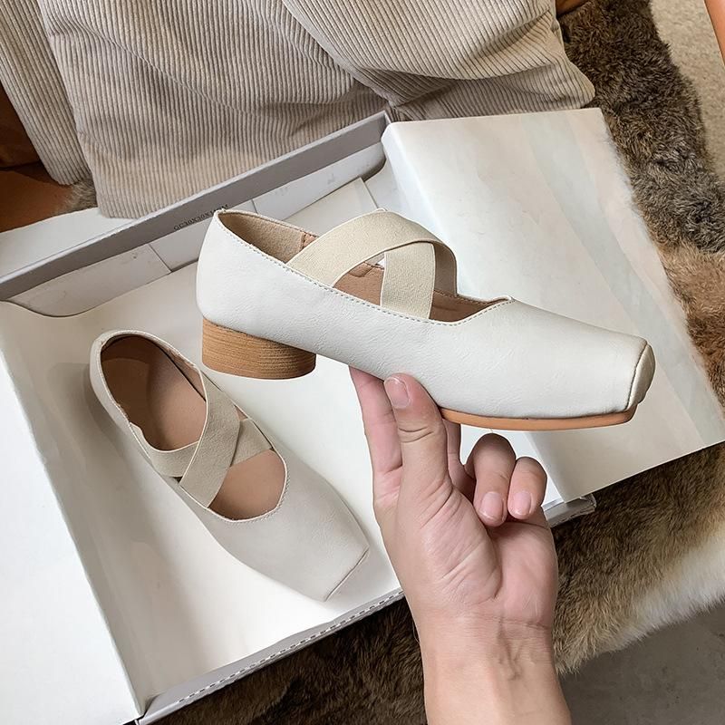 Mary Jane Women's Shoes Ballet Shoes Outwear 2022 New Cross Striped Square Head Pleated Style Single