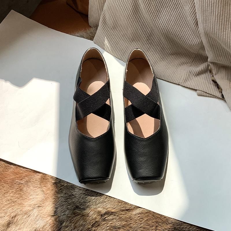 Mary Jane Women's Shoes Ballet Shoes Outwear 2022 New Cross Striped Square Head Pleated Style Single