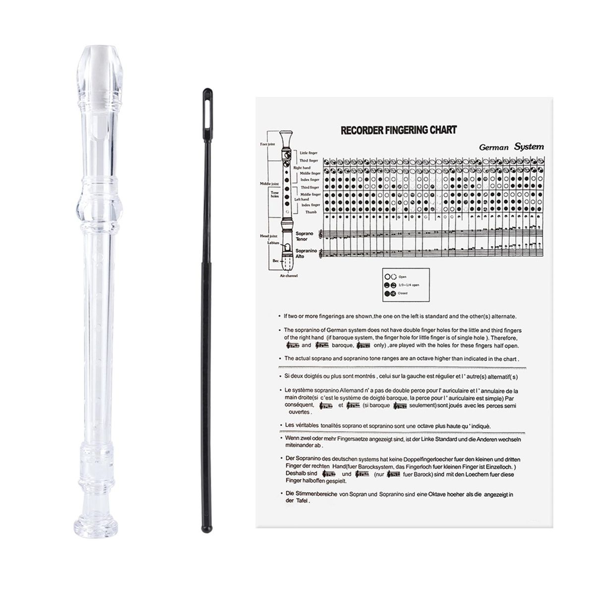 German Style 8-Hole Soprano Recorder Key Of G Long Flute Descant Clear