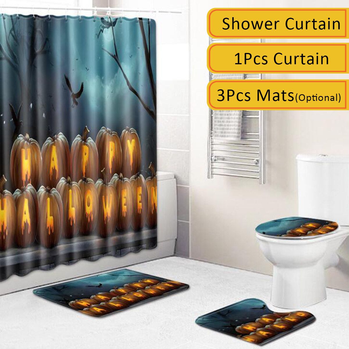 Halloween Shower Curtain Bathroom Toilet Mat Non Slip Extra Mat Suction Grip With Rubber Backing Anti-slip Carpet Mat Toilet Rug 3 Pcs