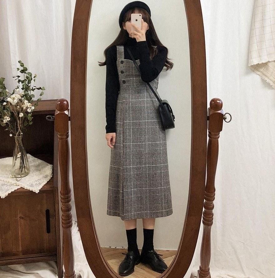 2019 Korean version of the autumn and winter retro plaid woolen vest dress ghost horse girl suspender skirt Color XL