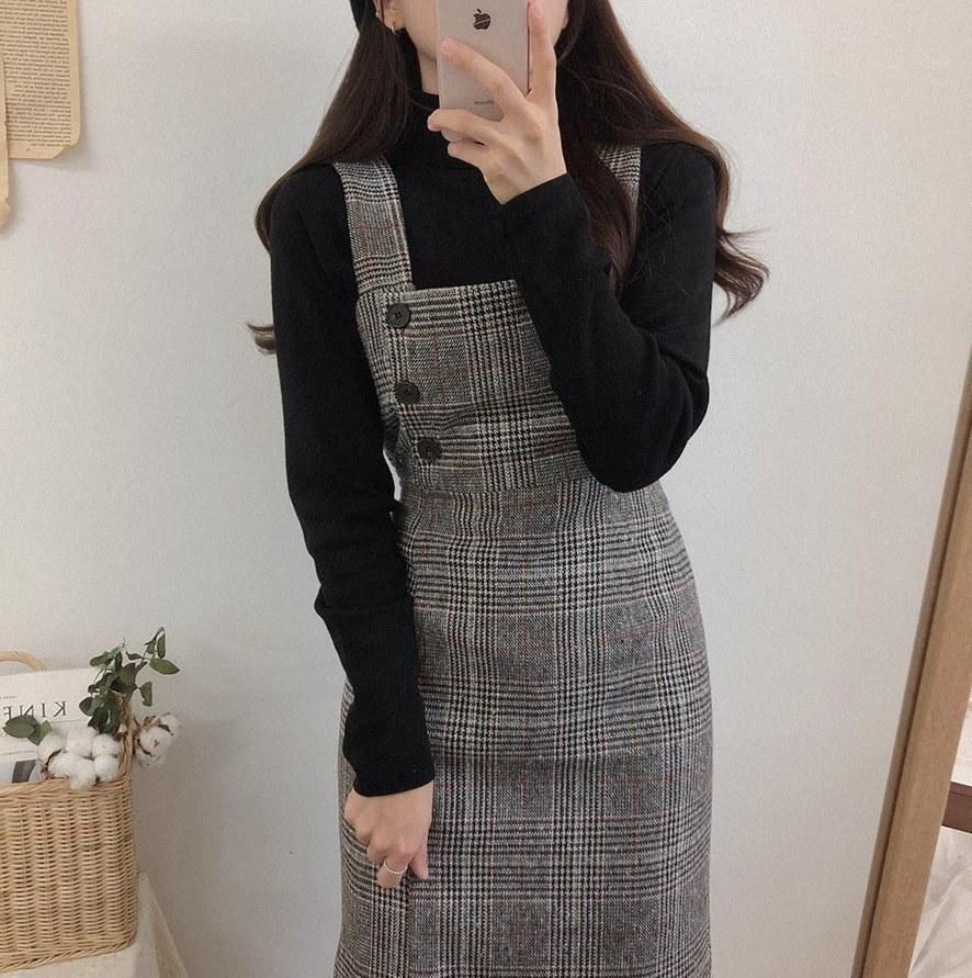 2019 Korean version of the autumn and winter retro plaid woolen vest dress ghost horse girl suspender skirt Color XL