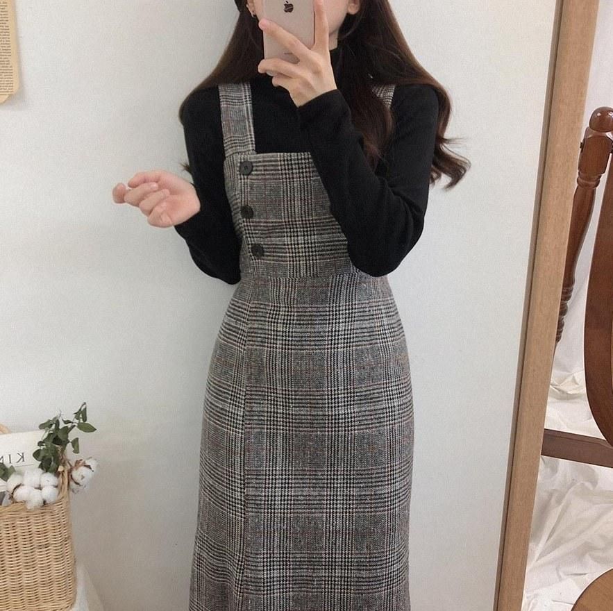 2019 Korean version of the autumn and winter retro plaid woolen vest dress ghost horse girl suspender skirt Color XL