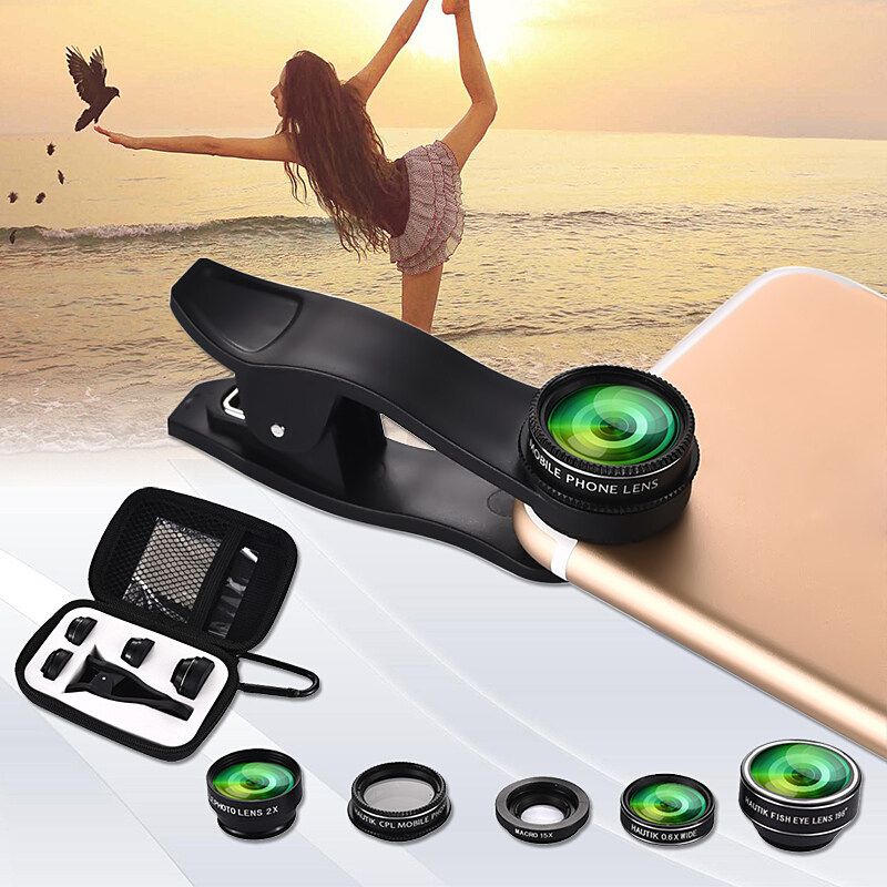 5 In 1 Phone Camera Lens Fish Eye Wide Angle Macro Clip Set For Cellphone