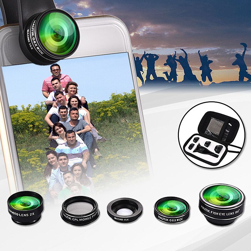 5 In 1 Phone Camera Lens Fish Eye Wide Angle Macro Clip Set For Cellphone