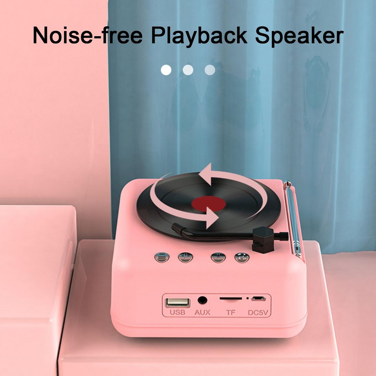 Speaker with Fm Radio Antenna Vintage Vinyl Bluetooth Speaker Pink