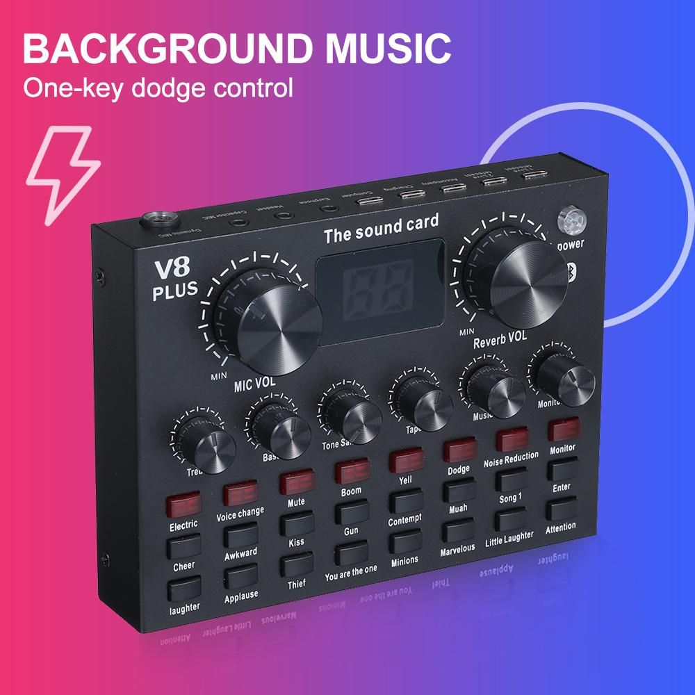 V8 Plus Live Sound Card with Audio Cable USB Cable BT Accompaniment Sound Effects Universal for Phone Computer