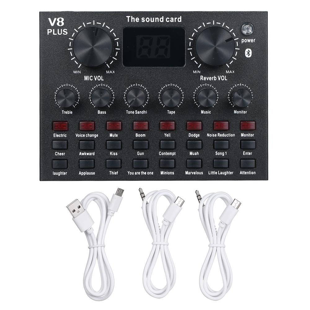 V8 Plus Live Sound Card with Audio Cable USB Cable BT Accompaniment Sound Effects Universal for Phone Computer
