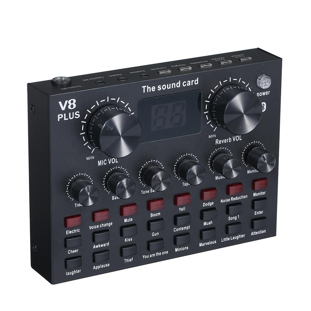 V8 Plus Live Sound Card with Audio Cable USB Cable BT Accompaniment Sound Effects Universal for Phone Computer