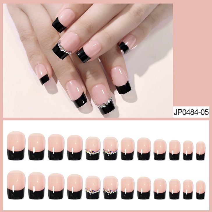 24Pcs Fancy Black Tips Short Press On False Nails +Free Gum