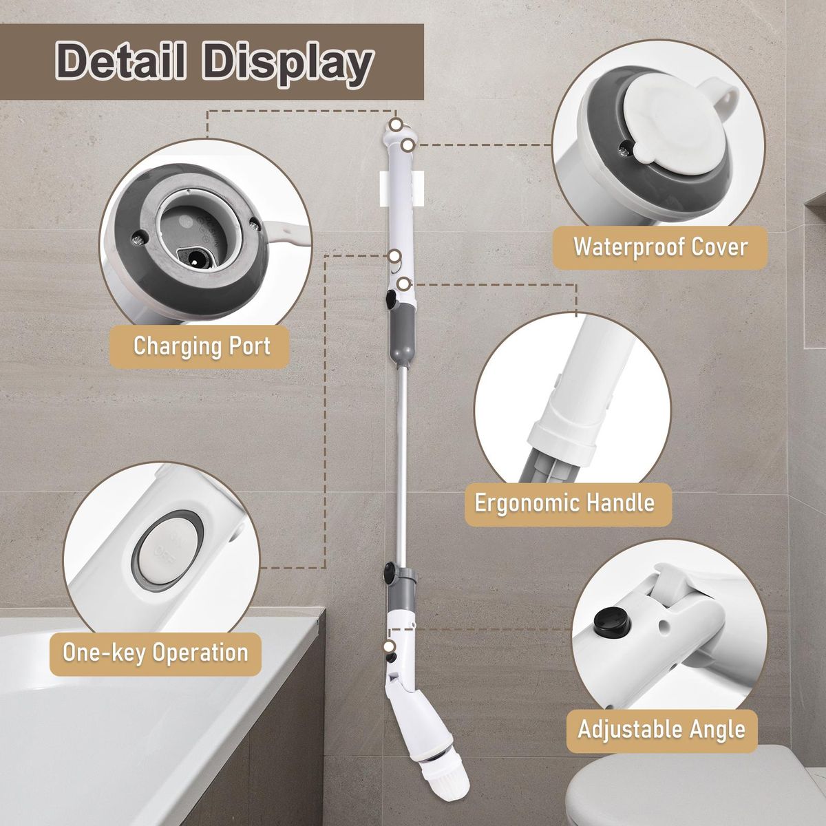 7 IN 1 Electric Spin Scrubber Cordless Handheld Cleaning Brush with Adjustable Extension Handle 6 Brush Heads 1200mAH Battery for Kitchen Bathroom Wall Window Floor