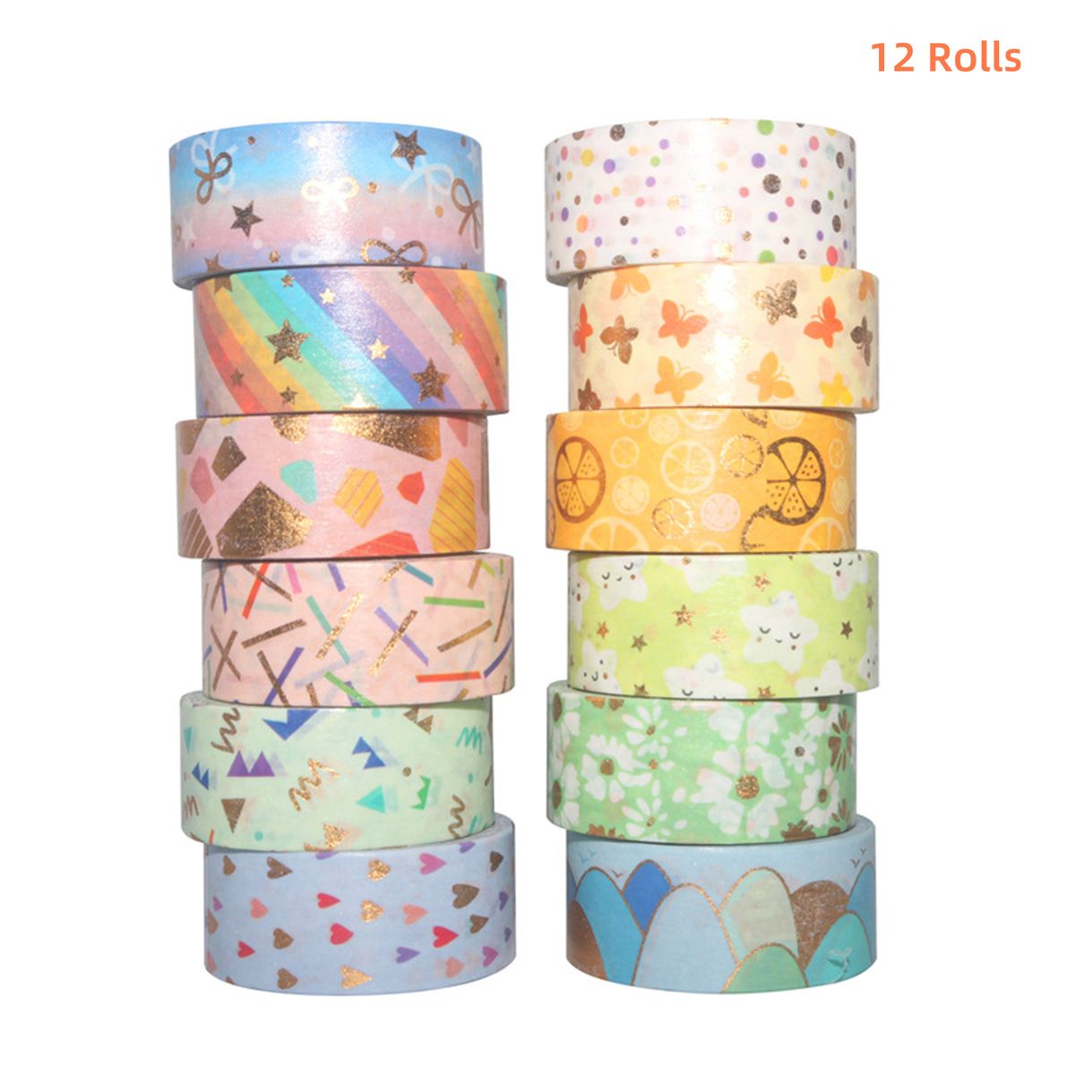 12 Rolls Washi Tape Set Cute Pattern Gold Foil Masking Tape