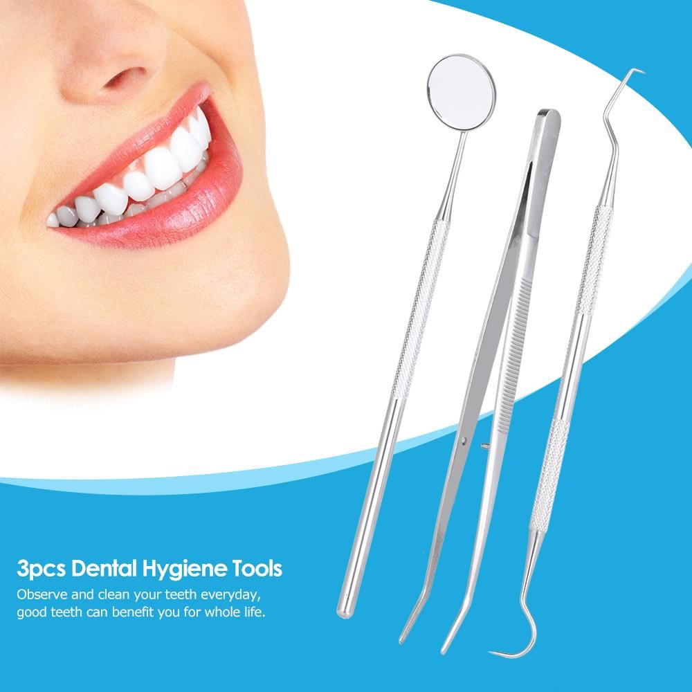 3pcs/pack Dental Hygiene Tools Kit Dentist Set Dental Probe Mirror Tweezers Stainless Steel Teeth Care Cleaning