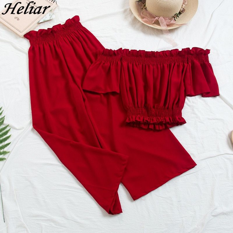Heliar 2020 Spring Two Piece Out Fits Women Off Shoulder Jumpsuits Palazzo Playsuits Party Ruffle Strap Women Summer Jumpsuits（#BLACK）