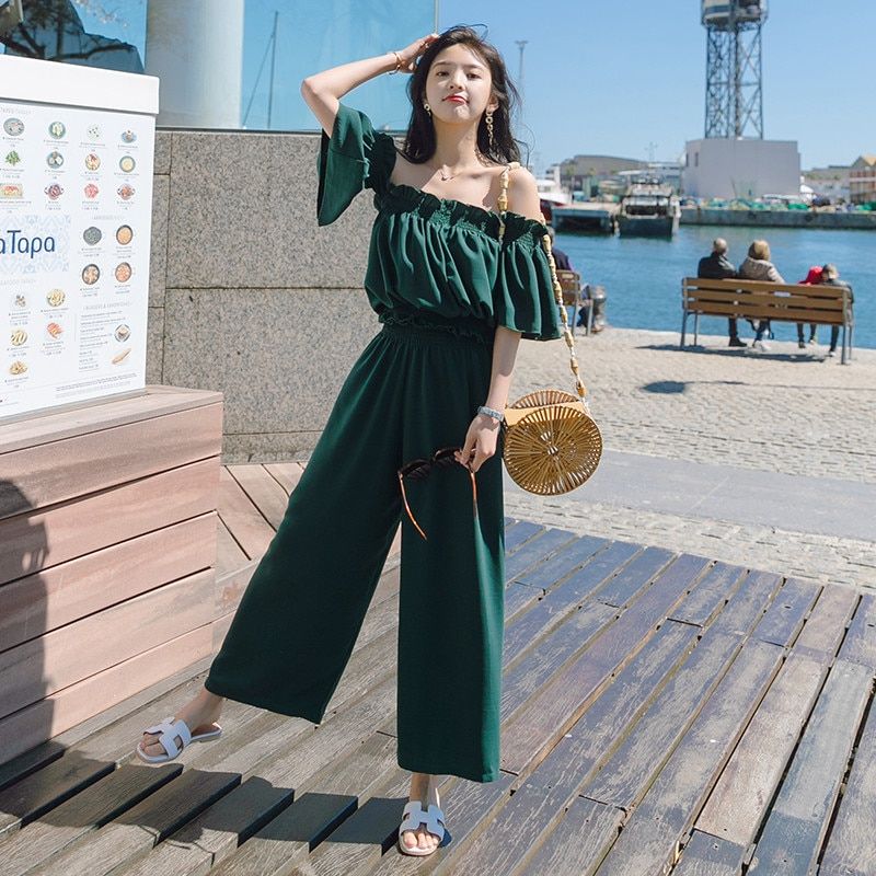 Heliar 2020 Spring Two Piece Out Fits Women Off Shoulder Jumpsuits Palazzo Playsuits Party Ruffle Strap Women Summer Jumpsuits（#BLACK）