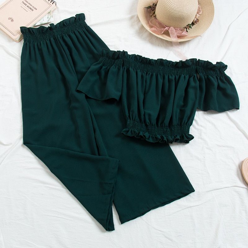 Heliar 2020 Spring Two Piece Out Fits Women Off Shoulder Jumpsuits Palazzo Playsuits Party Ruffle Strap Women Summer Jumpsuits（#BLACK）