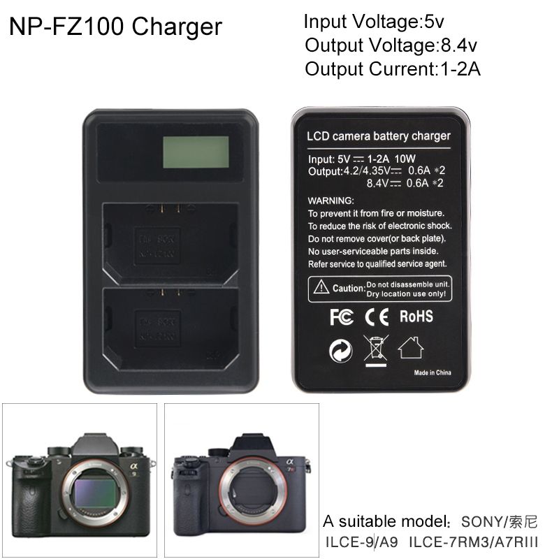 Dual Channel Digital LCD Display Battery Charger With USB Port For Sony NP-FZ100 Battery, Compatible With Sony A9 (ILCE-9)