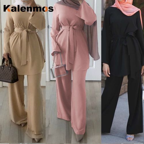 2pecs Set Blouse Wide Leg Pants Women Dubai Muslim Abaya Lace-up Solid Ropa De Mujer Kaftan UAE Islamic Clothing Turkey African（#Khaki）