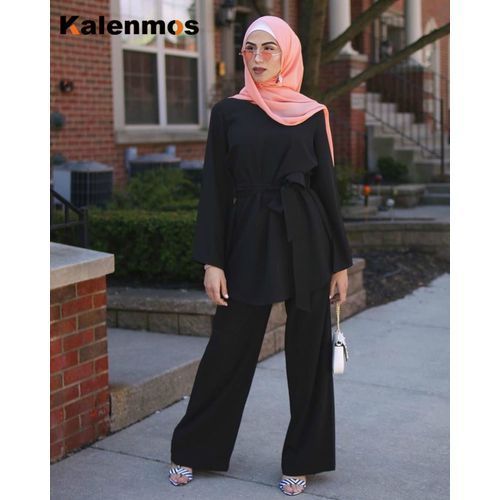 2pecs Set Blouse Wide Leg Pants Women Dubai Muslim Abaya Lace-up Solid Ropa De Mujer Kaftan UAE Islamic Clothing Turkey African（#Khaki）
