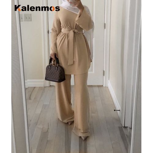 2pecs Set Blouse Wide Leg Pants Women Dubai Muslim Abaya Lace-up Solid Ropa De Mujer Kaftan UAE Islamic Clothing Turkey African（#Khaki）