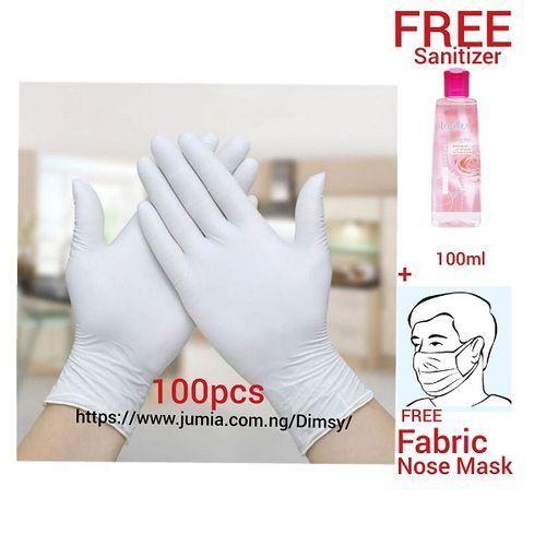 100 Pcs Disposable Latex Examination Hand Gloves + Free Alcohol Anti Bacterial Hand Sanitizer + Fabric Nose Mask