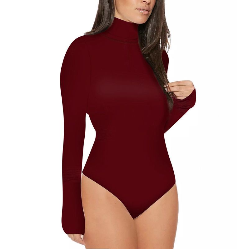 Womens Long Sleeve Bodysuit Stretch Ladies Leotard Body Tops Turtle Neck Jumpsuit(#Blue)