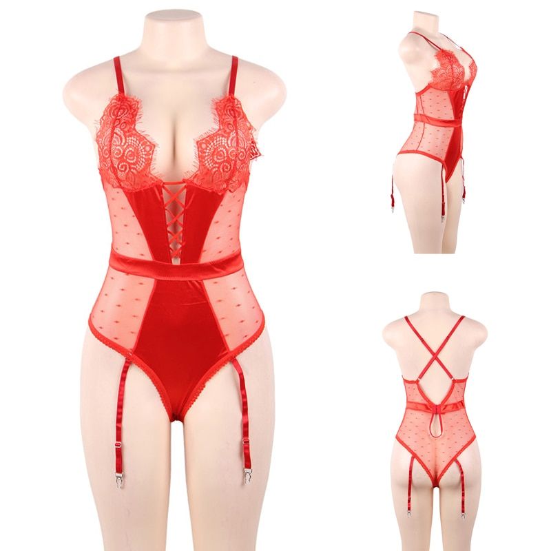 Teddies Bodysuit Women Lace Sheer Trim Bodysuits Ladies V Neck Sexy Women Overalls PlSize Rompers Transparent RW80651(#Red Body Suit)