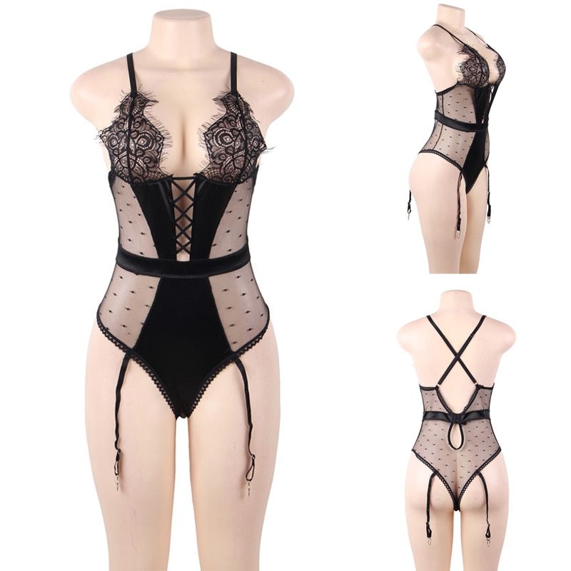 Teddies Bodysuit Women Lace Sheer Trim Bodysuits Ladies V Neck Sexy Women Overalls PlSize Rompers Transparent RW80651(#Red Body Suit)