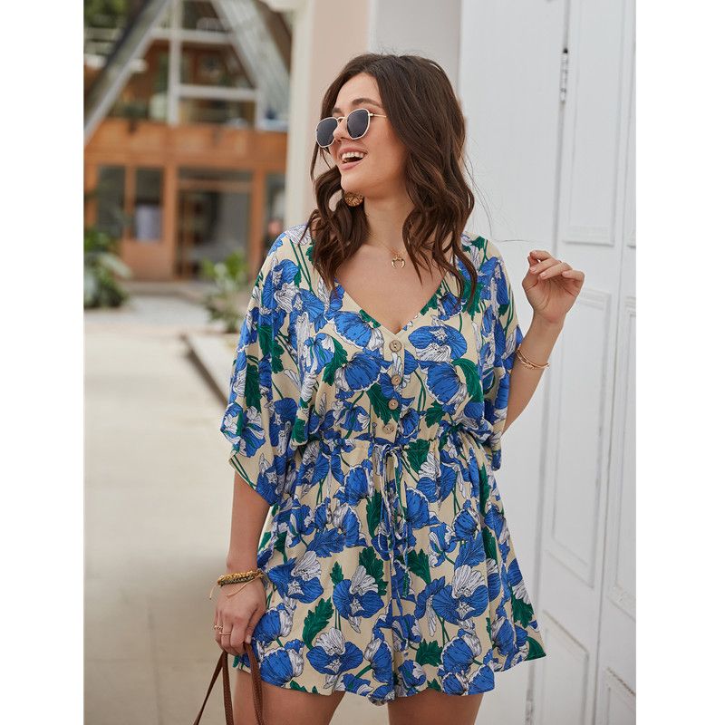 XL-4XL V Neck Short Sleeve Floral Print Plus Size Romper Jumpsuit Blue 2583