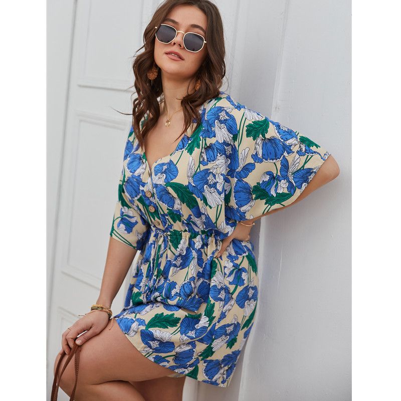 XL-4XL V Neck Short Sleeve Floral Print Plus Size Romper Jumpsuit Blue 2583