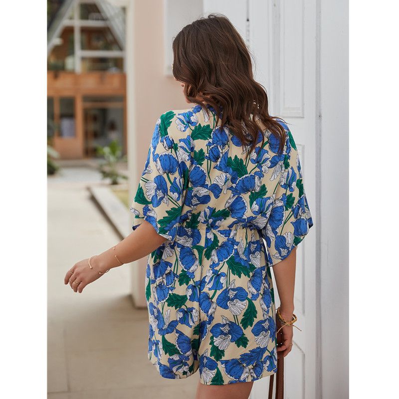 XL-4XL V Neck Short Sleeve Floral Print Plus Size Romper Jumpsuit Blue 2583