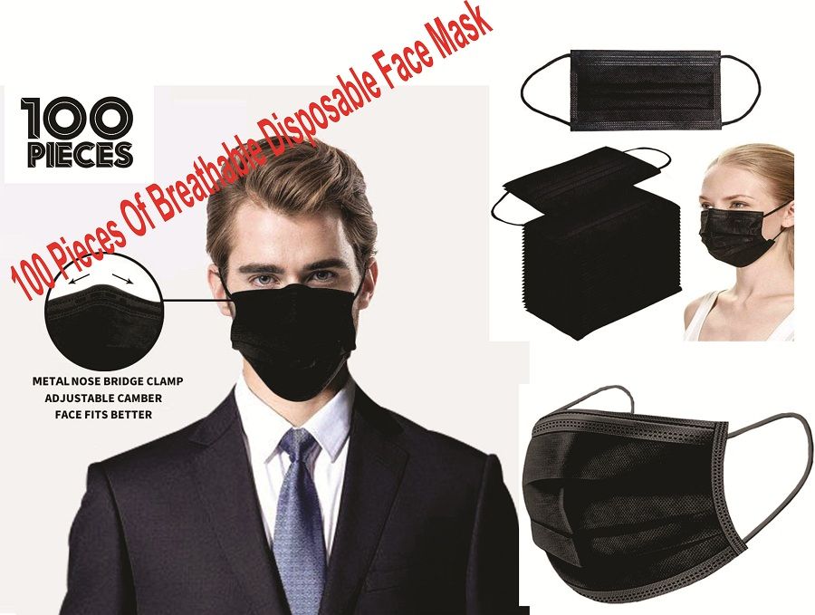 100 Pieces 3-ply Breathable Disposable Face Masks. Black