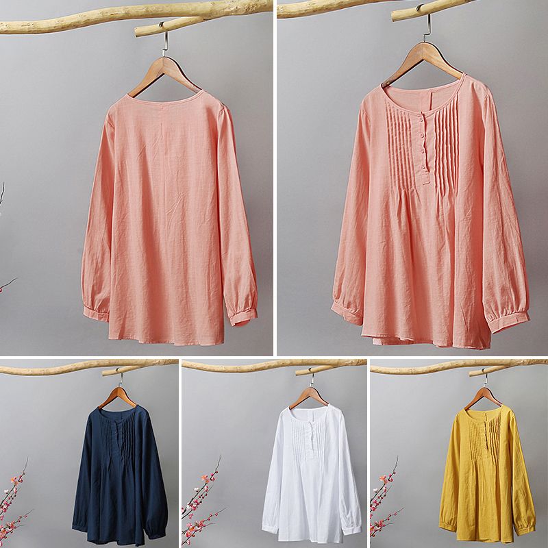 Casual Women Cotton Blouse O-Neck Long Sleeve Button Solid Loose Tee Shirt Tops-Blue