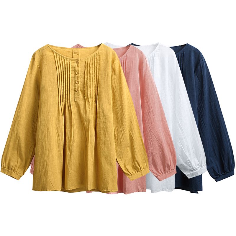 Casual Women Cotton Blouse O-Neck Long Sleeve Button Solid Loose Tee Shirt Tops-Blue
