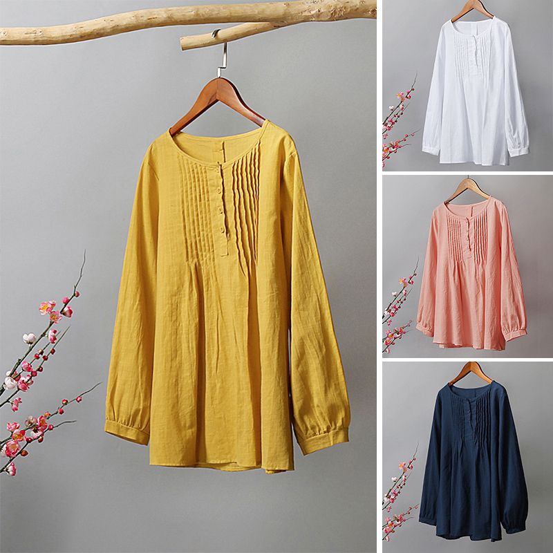 Casual Women Cotton Blouse O-Neck Long Sleeve Button Solid Loose Tee Shirt Tops-Blue