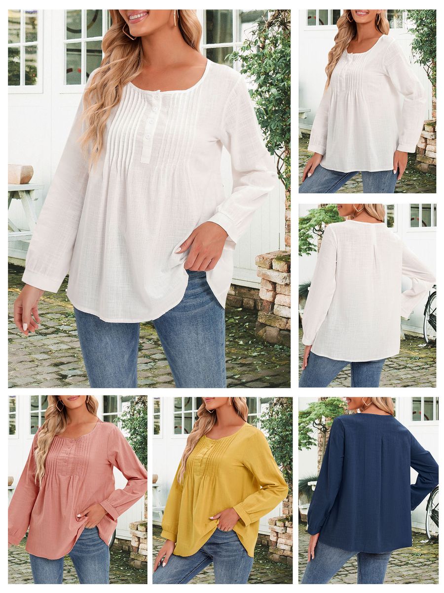 Casual Women Cotton Blouse O-Neck Long Sleeve Button Solid Loose Tee Shirt Tops-Blue