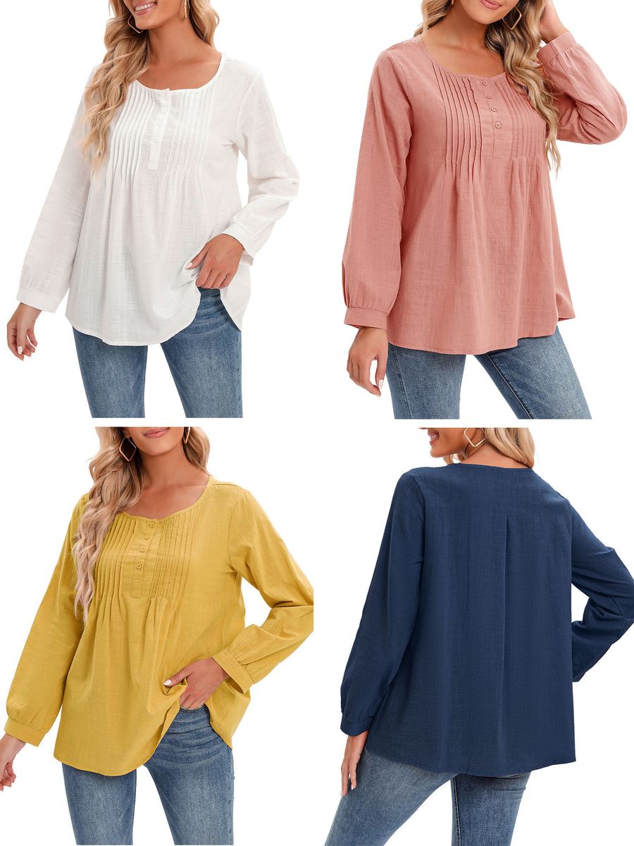 Casual Women Cotton Blouse O-Neck Long Sleeve Button Solid Loose Tee Shirt Tops-Blue