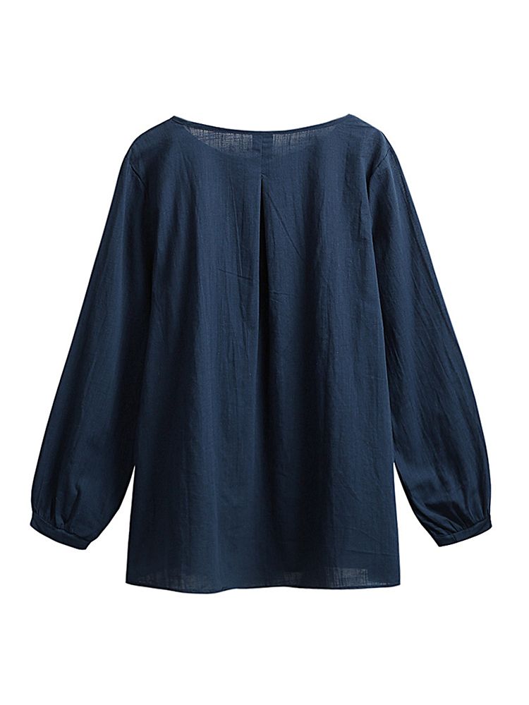 Casual Women Cotton Blouse O-Neck Long Sleeve Button Solid Loose Tee Shirt Tops-Blue