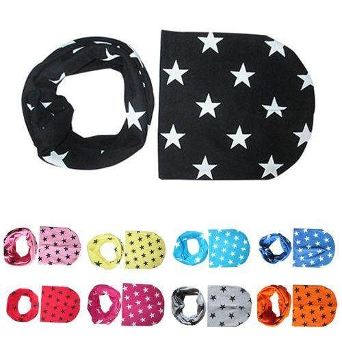 Winter Baby Toddler Kids Stars Pattern Cotton Warm Hat Cap Beanie Scarf Wrap Set Lake Blue