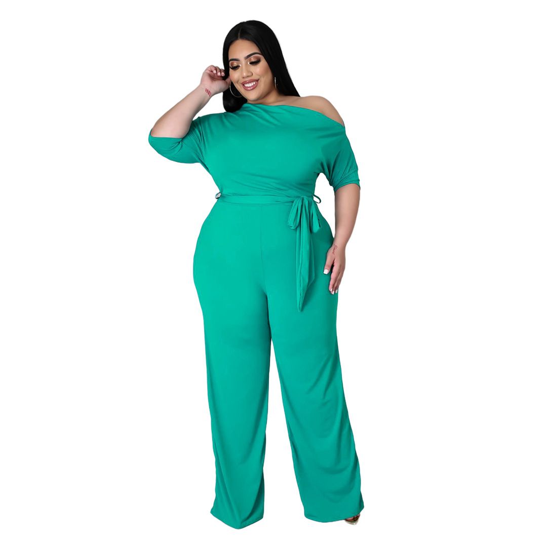 (Green)Plus Size 4XL Women's  One Shoulder Long Jumpsuit Casual Half Sleeve Rompers Elegant Office Lady Workwear Outfits With Belt SAB