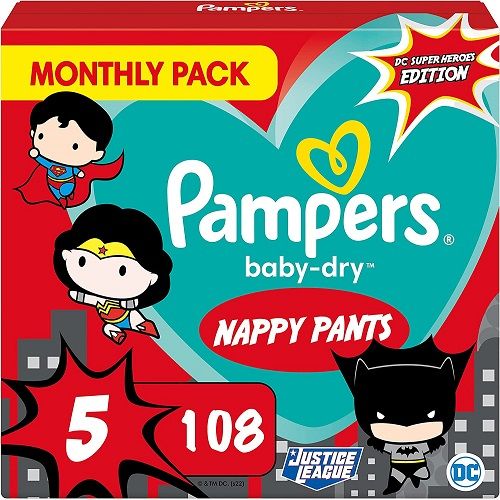 Baby Nappy Pants Size 5 (12-17 Kg/26-37 Lb), Baby-Dry Superhero, 108 Nappies,